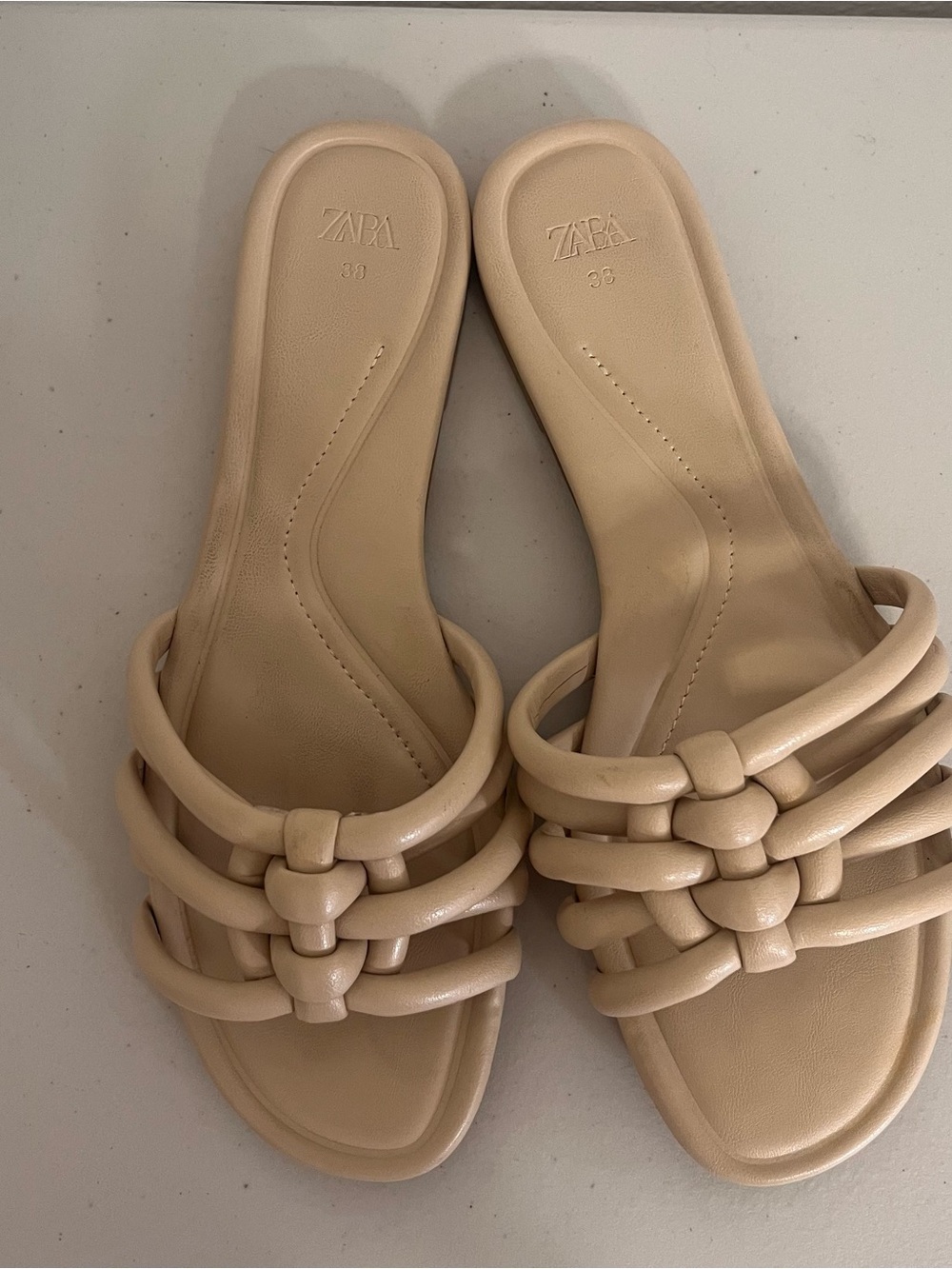 Zara Neutral Braided Tube Strap Slide Sandals - Light Beige Cream EU 38 - Picture 2 of 9